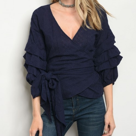 Tops - 🆕️ Navy Long puff ruffle sleeve eyelit wrap aroun